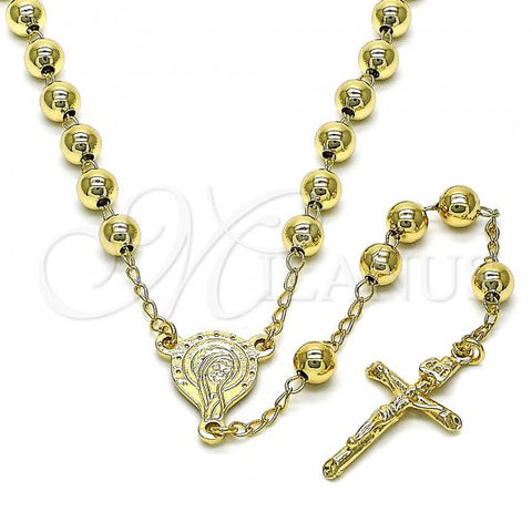 Oro Laminado Medium Rosary, Gold Filled Style Sagrado Corazon de Maria and Crucifix Design, Polished, Golden Finish, 09.213.0044.26