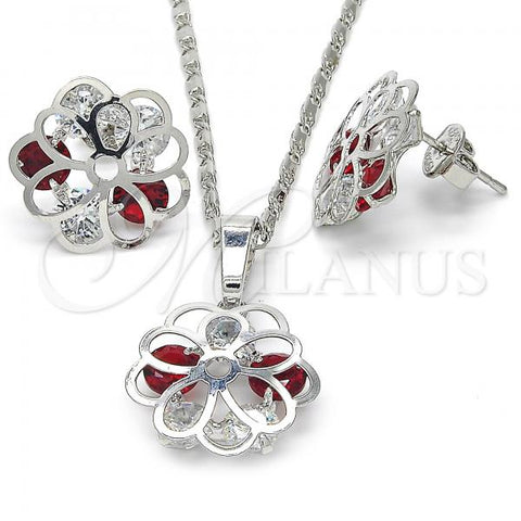 Rhodium Plated Earring and Pendant Adult Set, Flower Design, with Garnet and White Cubic Zirconia, Polished, Rhodium Finish, 10.106.0021.3