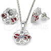 Rhodium Plated Earring and Pendant Adult Set, Flower Design, with Garnet and White Cubic Zirconia, Polished, Rhodium Finish, 10.106.0021.3