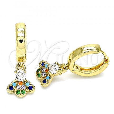 Oro Laminado Huggie Hoop, Gold Filled Style Bee Design, with Multicolor Micro Pave and White Cubic Zirconia, Polished, Golden Finish, 02.210.0541.1.15