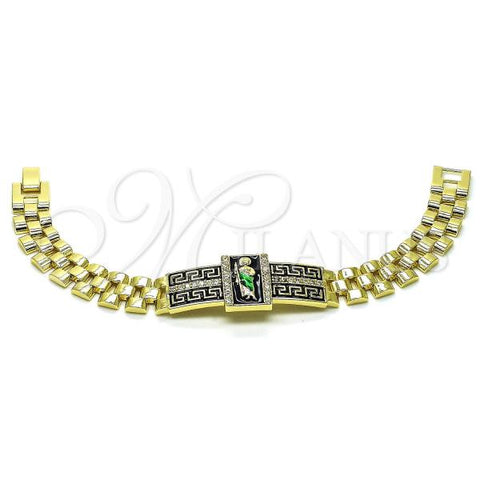 Oro Laminado Fancy Bracelet, Gold Filled Style San Judas and Greek Key Design, with White Micro Pave, Black Enamel Finish, Two Tone, 03.411.0012.1.08