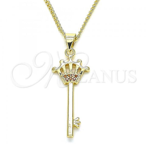 Oro Laminado Pendant Necklace, Gold Filled Style key and Crown Design, with Garnet Micro Pave, Polished, Golden Finish, 04.344.0015.1.20