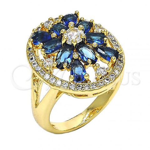 Oro Laminado Multi Stone Ring, Gold Filled Style Flower Design, with Sapphire Blue and White Cubic Zirconia, Polished, Golden Finish, 01.266.0025.1.07 (Size 7)