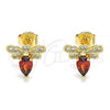 Oro Laminado Stud Earring, Gold Filled Style Bee Design, with Garnet Cubic Zirconia and White Micro Pave, Polished, Golden Finish, 02.156.0613.1