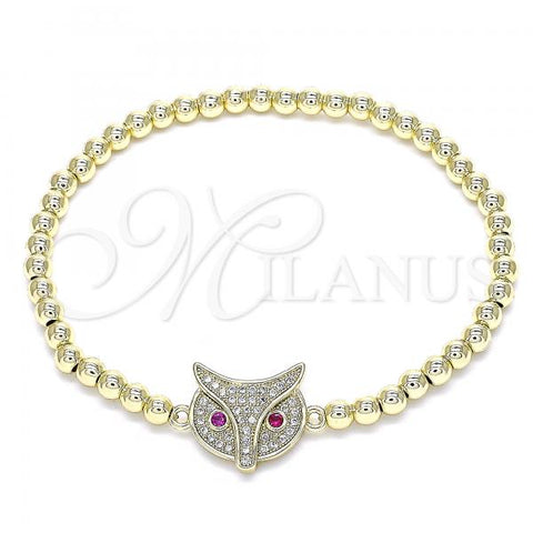 Oro Laminado Fancy Bracelet, Gold Filled Style Expandable Bead and Owl Design, with White and Ruby Micro Pave, Polished, Golden Finish, 03.299.0044.07