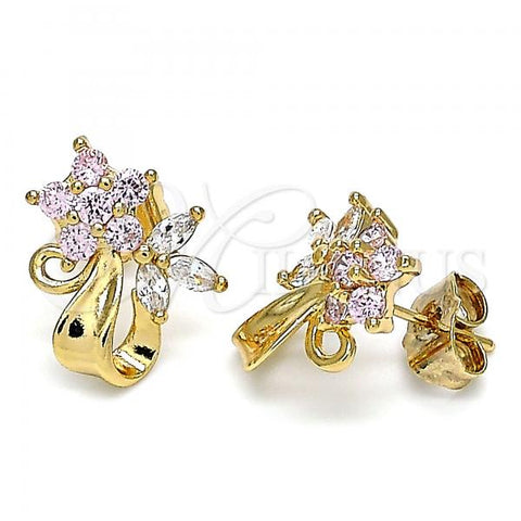 Oro Laminado Stud Earring, Gold Filled Style Flower and Leaf Design, with Pink and White Cubic Zirconia, Polished, Golden Finish, 02.387.0014