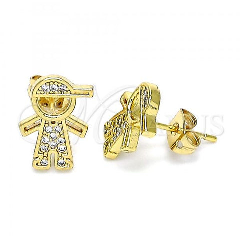 Oro Laminado Stud Earring, Gold Filled Style Little Boy Design, with White Micro Pave, Polished, Golden Finish, 02.342.0159