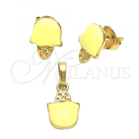 Oro Laminado Earring and Pendant Children Set, Gold Filled Style Ice Cream Design, Enamel Finish, Golden Finish, 10.64.0091