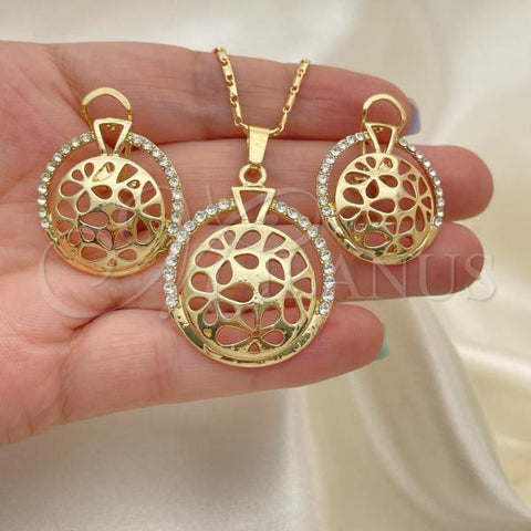 Oro Laminado Earring and Pendant Adult Set, Gold Filled Style with White Crystal, Polished, Golden Finish, 10.306.0018