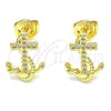 Oro Laminado Stud Earring, Gold Filled Style Anchor Design, with White Micro Pave, Polished, Golden Finish, 02.156.0467