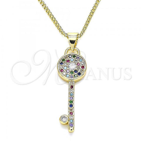 Oro Laminado Pendant Necklace, Gold Filled Style key Design, with Multicolor Micro Pave, Polished, Golden Finish, 04.344.0007.2.20