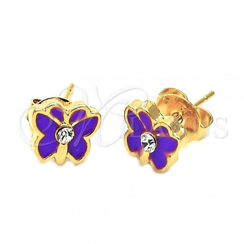Oro Laminado Stud Earring, Gold Filled Style Butterfly Design, with White Crystal, Enamel Finish, Golden Finish, 02.64.0411 *PROMO*