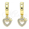 Oro Laminado Huggie Hoop, Gold Filled Style Heart and Crown Design, with White Micro Pave, Polished, Golden Finish, 02.210.0512.15