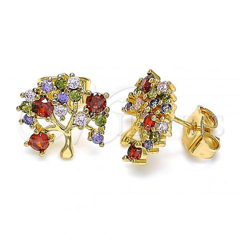 Oro Laminado Stud Earring, Gold Filled Style Tree Design, with Multicolor Cubic Zirconia, Polished, Golden Finish, 02.387.0037