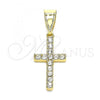 Oro Laminado Religious Pendant, Gold Filled Style Cross Design, with White Crystal, Polished, Golden Finish, 05.253.0132