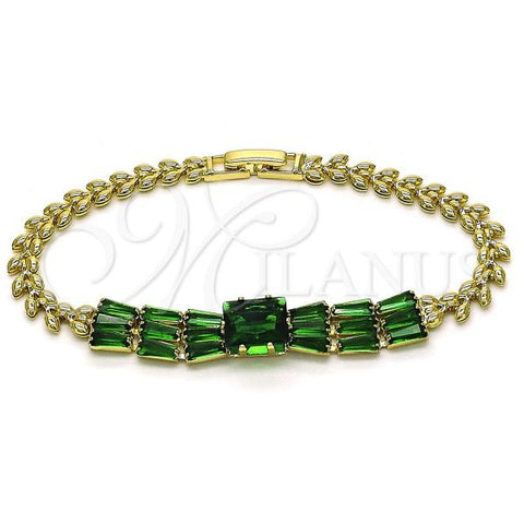 Oro Laminado Fancy Bracelet, Gold Filled Style Baguette and Leaf Design, with Green Cubic Zirconia, Polished, Golden Finish, 03.283.0305.2.07