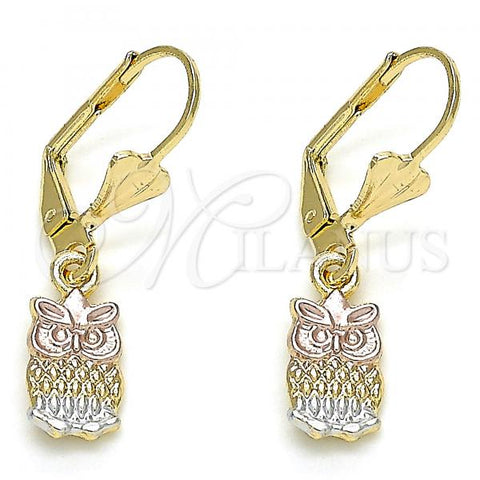 Oro Laminado Dangle Earring, Gold Filled Style Owl Design, Polished, Tricolor, 02.351.0079