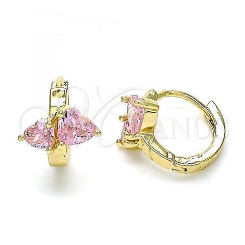 Oro Laminado Huggie Hoop, Gold Filled Style Heart Design, with Pink Cubic Zirconia, Polished, Golden Finish, 02.210.0548.2.12