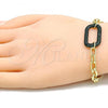 Oro Laminado Fancy Bracelet, Gold Filled Style Paperclip Design, with Green Micro Pave, Polished, Black Rhodium Finish, 03.341.0052.4.07