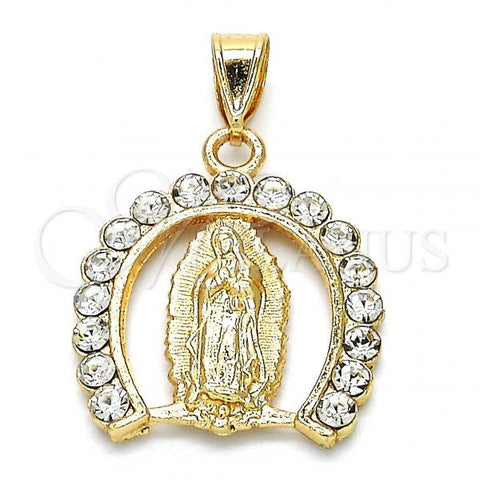 Oro Laminado Religious Pendant, Gold Filled Style Guadalupe Design, with White Crystal, Polished, Golden Finish, 05.253.0054