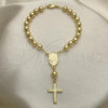 Oro Laminado Bracelet Rosary, Gold Filled Style Guadalupe and Cross Design, Polished, Golden Finish, 09.213.0011.08