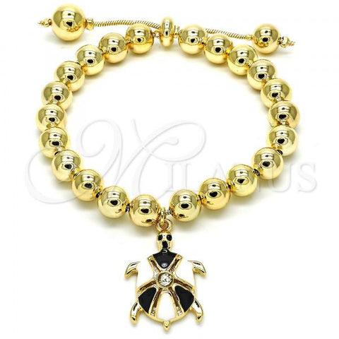 Oro Laminado Adjustable Bolo Bracelet, Gold Filled Style Turtle and Ball Design, with White Crystal, Black Enamel Finish, Golden Finish, 03.63.2034.2.08