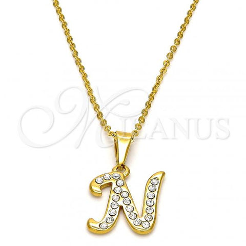Stainless Steel Pendant Necklace, Initials and Rolo Design, with White Crystal, Polished, Golden Finish, 04.238.0012.18