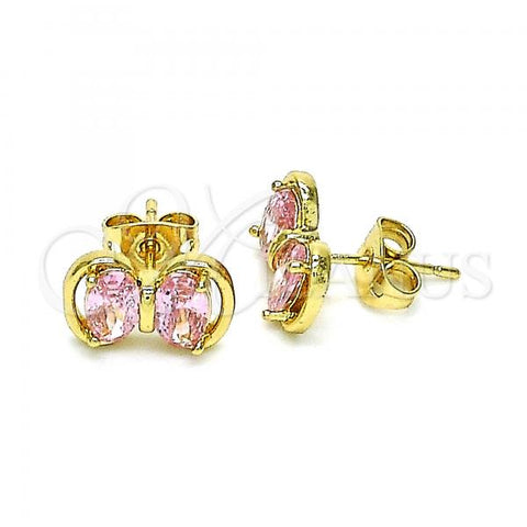Oro Laminado Stud Earring, Gold Filled Style Bow Design, with Pink Cubic Zirconia, Polished, Golden Finish, 02.213.0361