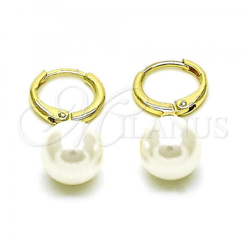 Oro Laminado Dangle Earring, Gold Filled Style Ball Design, with Ivory Mother of Pearl, Polished, Golden Finish, 02.213.0462