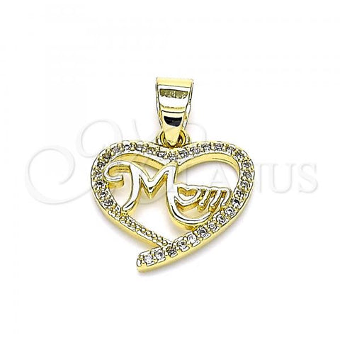 Oro Laminado Fancy Pendant, Gold Filled Style Mom and Heart Design, with White Micro Pave, Polished, Golden Finish, 05.102.0023