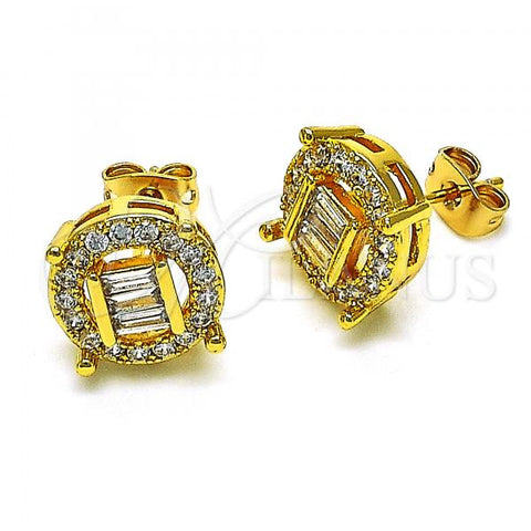 Oro Laminado Stud Earring, Gold Filled Style Baguette Design, with White Cubic Zirconia and White Micro Pave, Polished, Golden Finish, 02.342.0213