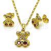 Oro Laminado Earring and Pendant Adult Set, Gold Filled Style Teddy Bear Design, with Garnet and White Cubic Zirconia, Polished, Golden Finish, 10.196.0163