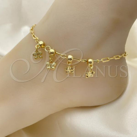 Oro Laminado Charm Anklet , Gold Filled Style Butterfly and Ball Design, Polished, Golden Finish, 03.32.0615.10