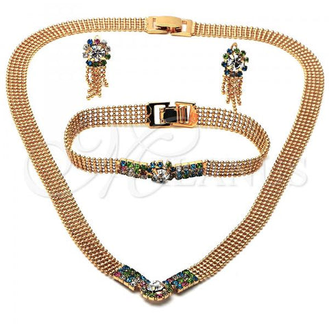 Oro Laminado Necklace, Bracelet and Earring, Gold Filled Style with Multicolor Cubic Zirconia, Golden Finish, 5.012.003
