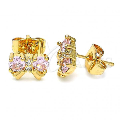 Oro Laminado Stud Earring, Gold Filled Style Bow Design, with Pink Cubic Zirconia, Polished, Golden Finish, 02.387.0030