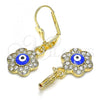 Oro Laminado Dangle Earring, Gold Filled Style Evil Eye and Flower Design, with White Crystal, Blue Enamel Finish, Golden Finish, 02.380.0083.1