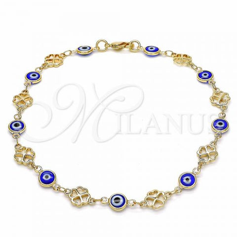 Oro Laminado Fancy Anklet, Gold Filled Style Evil Eye and Four-leaf Clover Design, Blue Resin Finish, Golden Finish, 03.326.0011.2.10