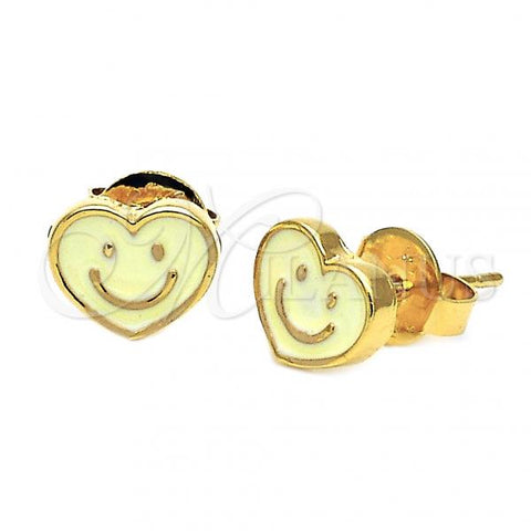 Oro Laminado Stud Earring, Gold Filled Style Heart and Smile Design, White Enamel Finish, Golden Finish, 02.64.0235 *PROMO*
