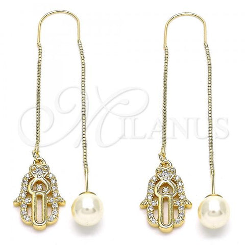 Oro Laminado Threader Earring, Gold Filled Style Hand of God Design, with White Micro Pave, Polished, Golden Finish, 02.210.0544