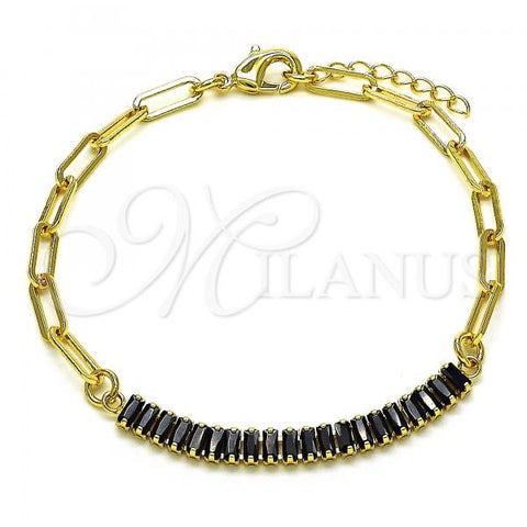 Oro Laminado Fancy Bracelet, Gold Filled Style Paperclip Design, with Black Cubic Zirconia, Polished, Golden Finish, 03.130.0011.4.07