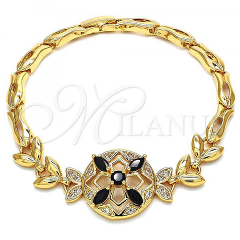 Oro Laminado Fancy Bracelet, Gold Filled Style Flower and Fish Design, with Black and White Cubic Zirconia, Polished, Golden Finish, 03.266.0029.1.07