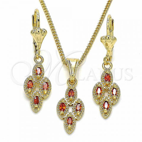 Oro Laminado Earring and Pendant Adult Set, Gold Filled Style with Garnet Cubic Zirconia, Polished, Golden Finish, 10.357.0004