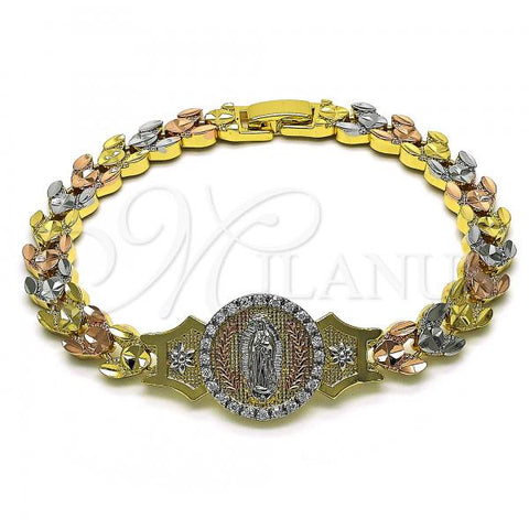 Oro Laminado Fancy Bracelet, Gold Filled Style Guadalupe and Flower Design, with White Micro Pave, Diamond Cutting Finish, Tricolor, 03.253.0082.08