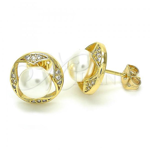 Oro Laminado Stud Earring, Gold Filled Style Ball Design, with White Cubic Zirconia and Ivory Pearl, Polished, Golden Finish, 02.156.0348