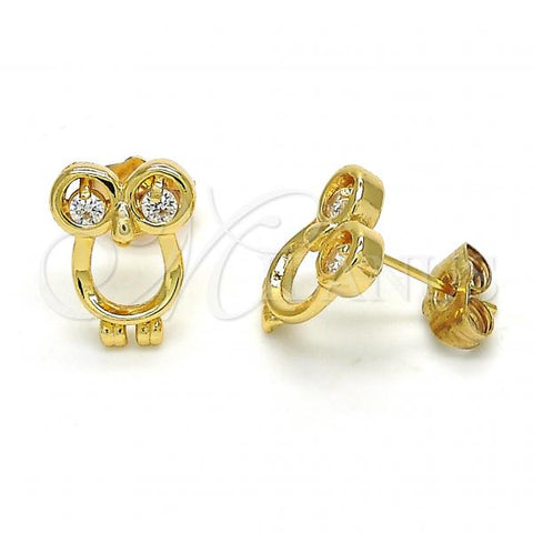 Oro Laminado Stud Earring, Gold Filled Style Owl Design, with White Cubic Zirconia, Polished, Golden Finish, 02.310.0003