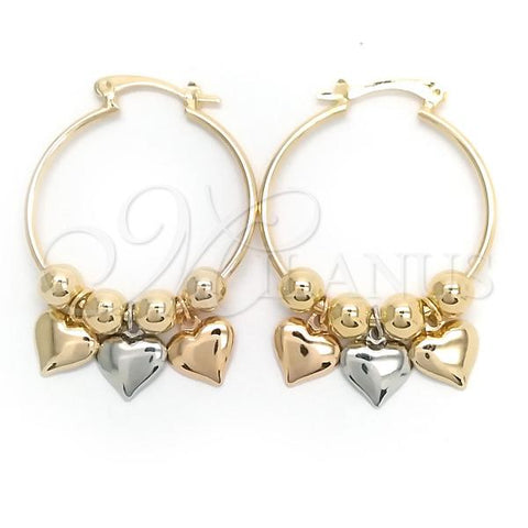 Oro Laminado Medium Hoop, Gold Filled Style Heart Design, Polished, Tricolor, 02.58.0050.30