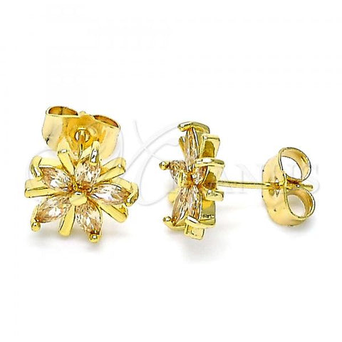 Oro Laminado Stud Earring, Gold Filled Style Flower Design, with Champagne Cubic Zirconia, Polished, Golden Finish, 02.310.0052