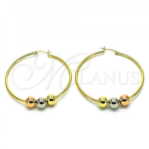 Oro Laminado Large Hoop, Gold Filled Style Ball Design, Polished, Tricolor, 02.213.0445.50