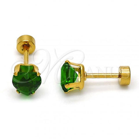 Stainless Steel Stud Earring, Heart Design, with Green Cubic Zirconia, Polished, Golden Finish, 02.271.0009.2