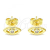 Oro Laminado Stud Earring, Gold Filled Style Evil Eye Design, with White Cubic Zirconia, Polished, Golden Finish, 02.156.0605.2